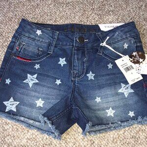 V Gold Adjustable Waistband White Star Blue Denim Girls Shorts Pants size 8 NWT